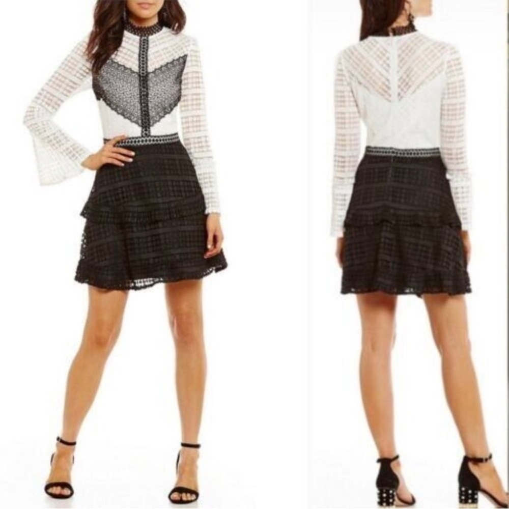 Gianni Bini Liv Black White Lace Dress Pleated Tiered Long Sleeve Size Large